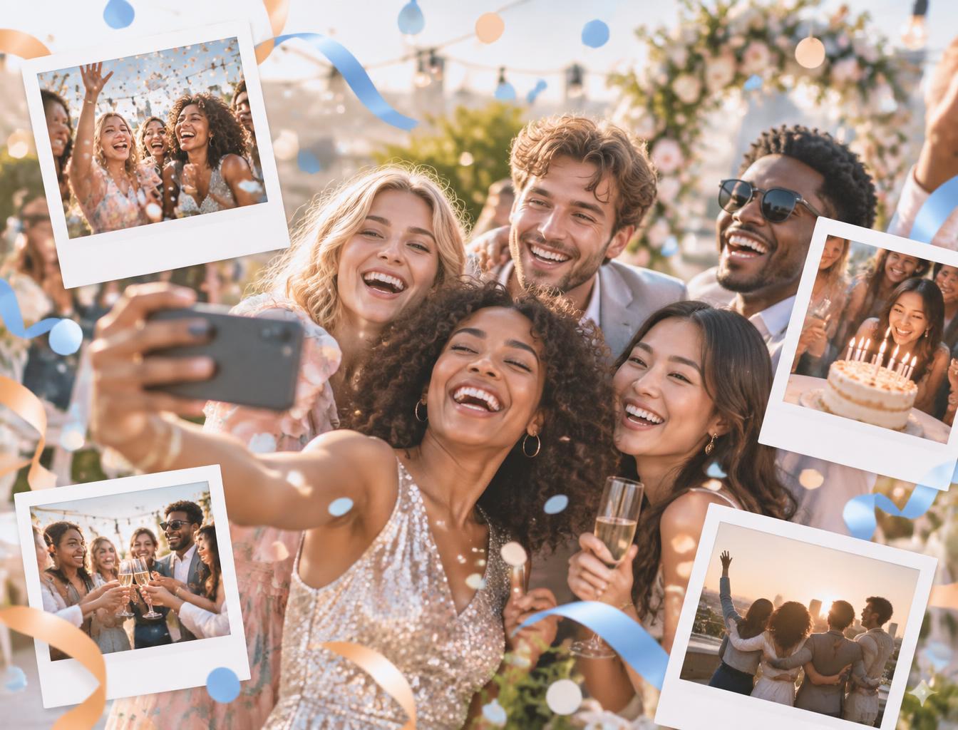 Glade gæster til fest tager billeder med deres mobiler – polaroidkort og konfetti ovenpå